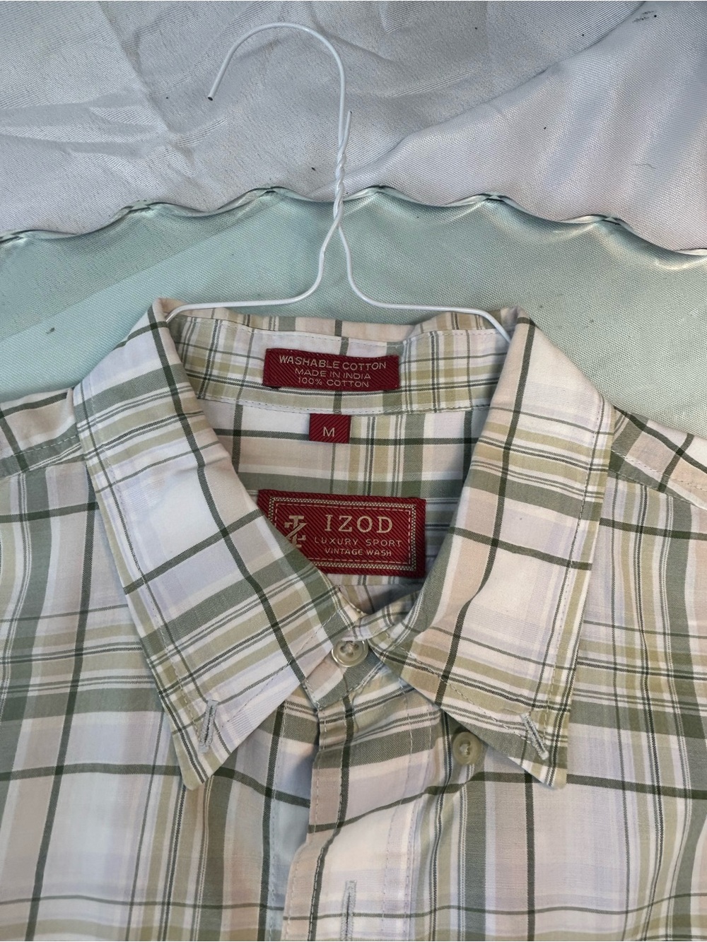 Izod Green and White Plaid Cotton Button-Down Shirt